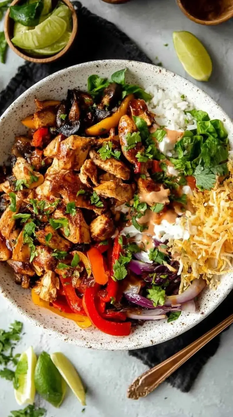 A vibrant bowl filled with sautéed chicken, colorful bell peppers, rice, and fresh avocado slices.
