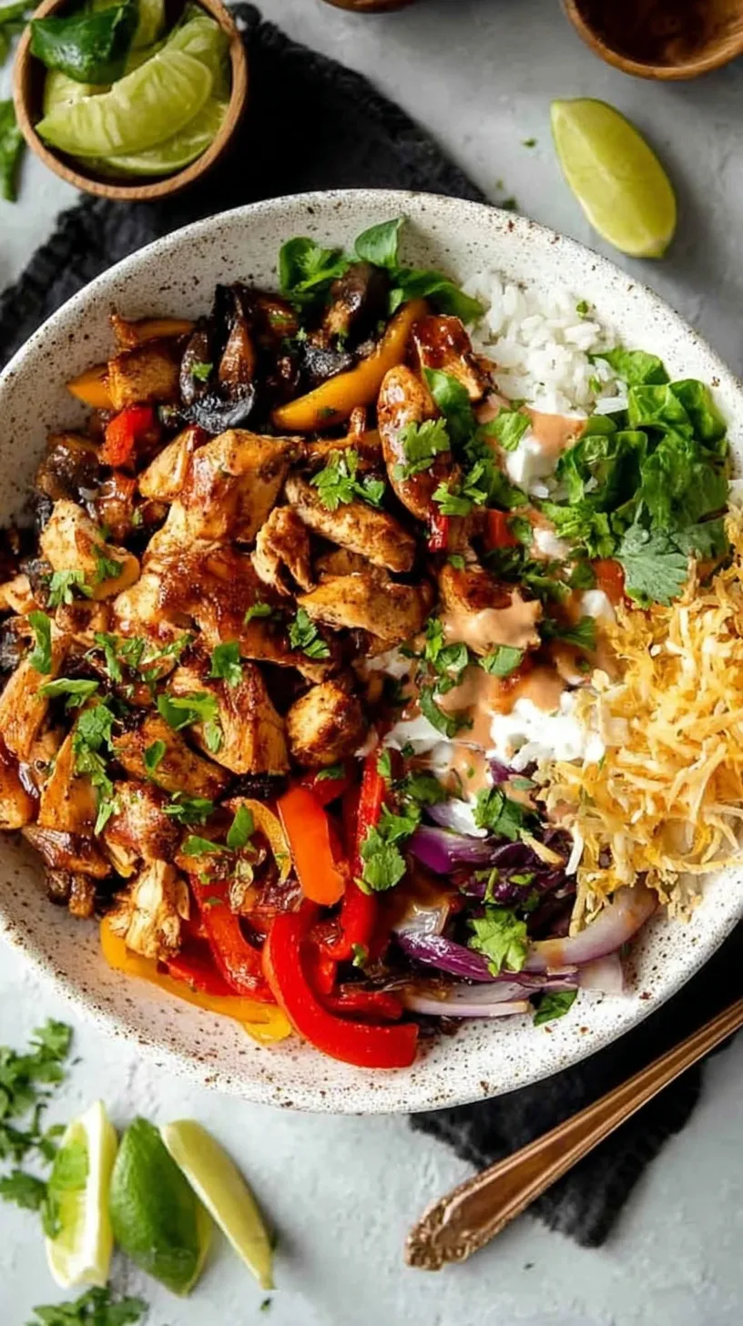 A vibrant bowl filled with sautéed chicken, colorful bell peppers, rice, and fresh avocado slices.