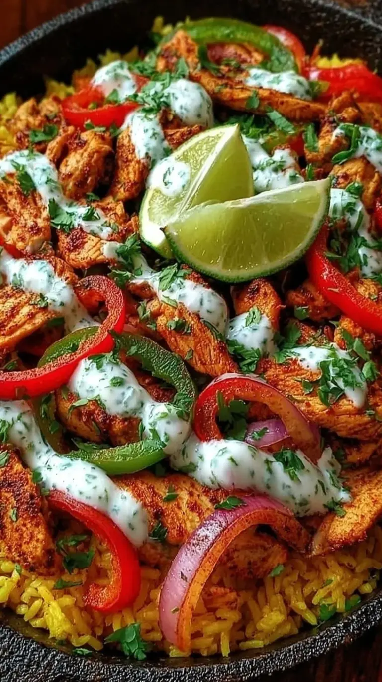 Colorful Chicken Fajita Rice Bowls topped with sliced avocado and fresh cilantro