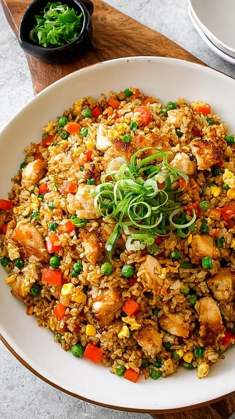 A bowl of fresh chicken fried rice garnished with green onions and sesame seeds