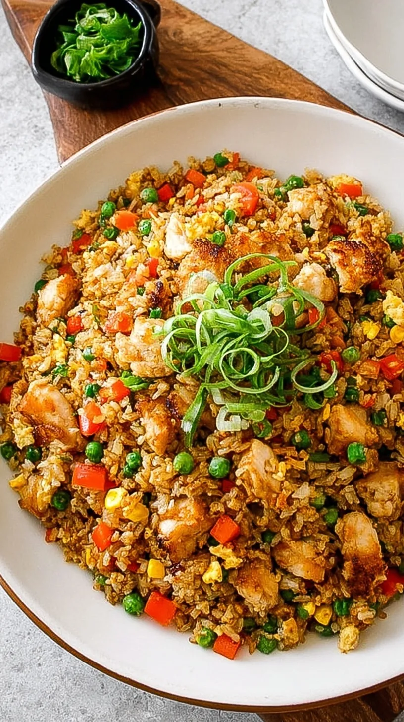 A bowl of fresh chicken fried rice garnished with green onions and sesame seeds
