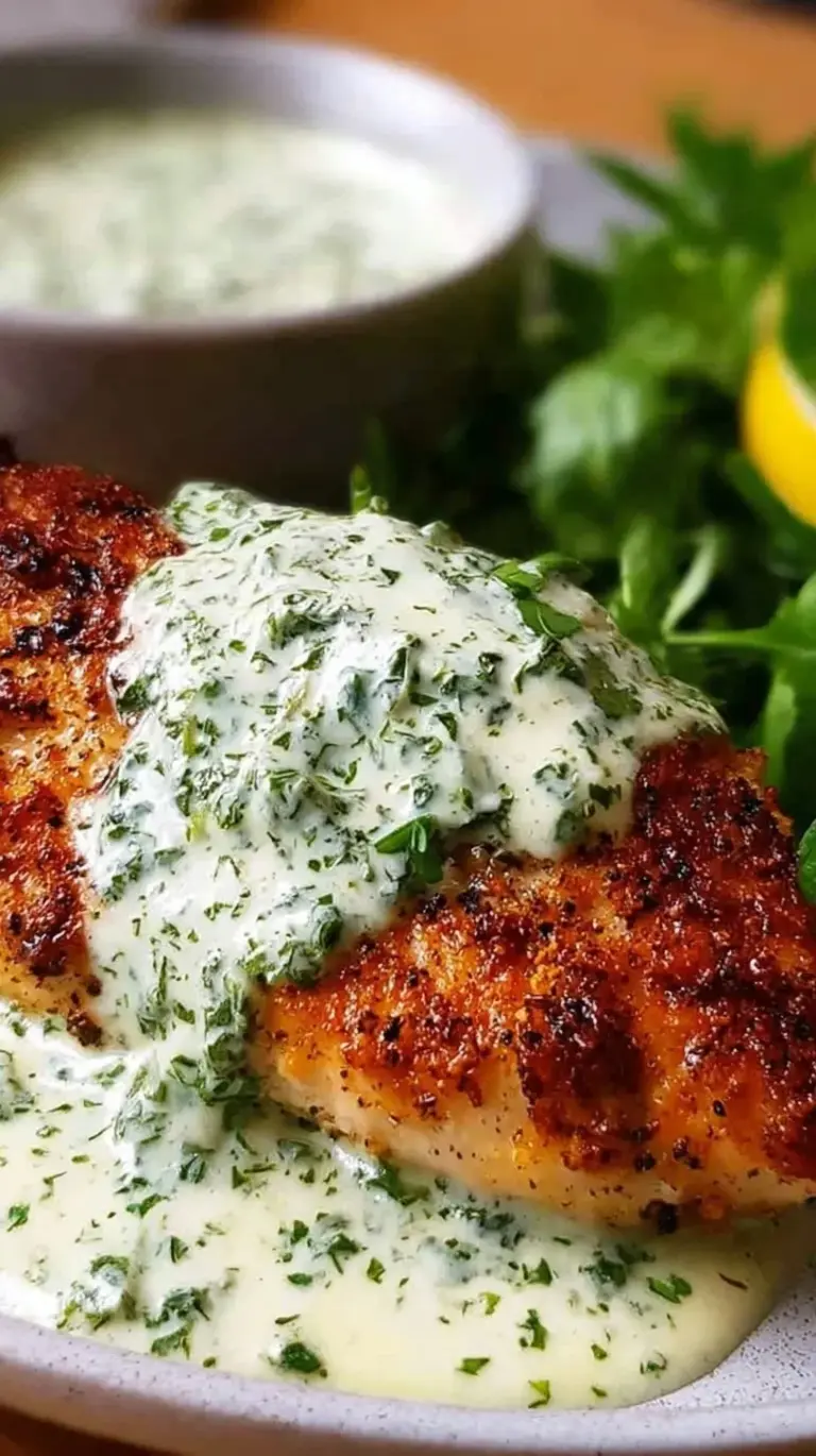 Pan-seared chicken breast smothered in a creamy white sauce with fresh green basil ribbons