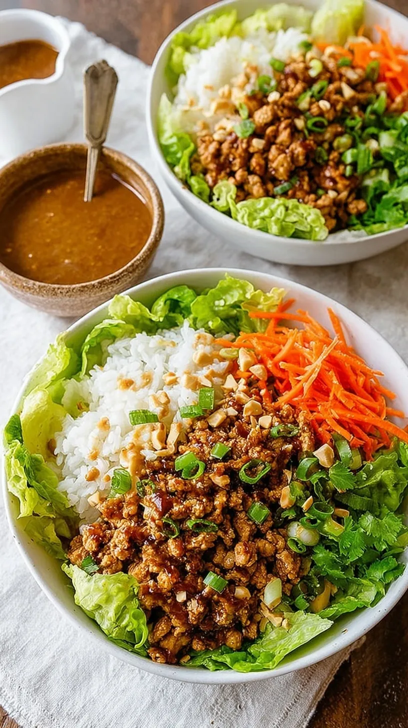 A vibrant bowl filled with ground chicken, shredded carrots, and green onions over lettuce, drizzled with creamy peanut sauce.