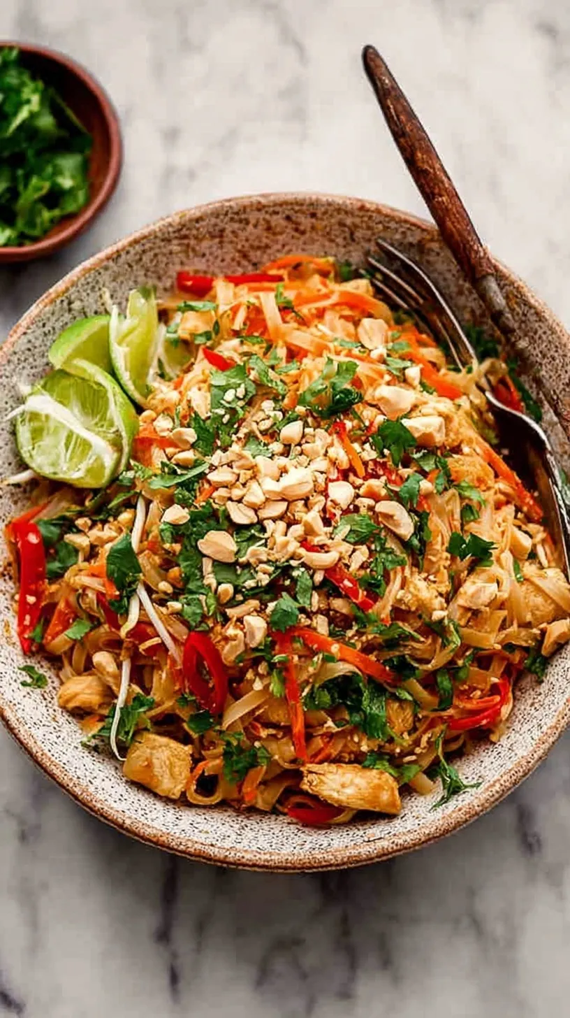 A steaming plate of chicken pad thai with fresh lime wedges, crushed peanuts, and green onions.