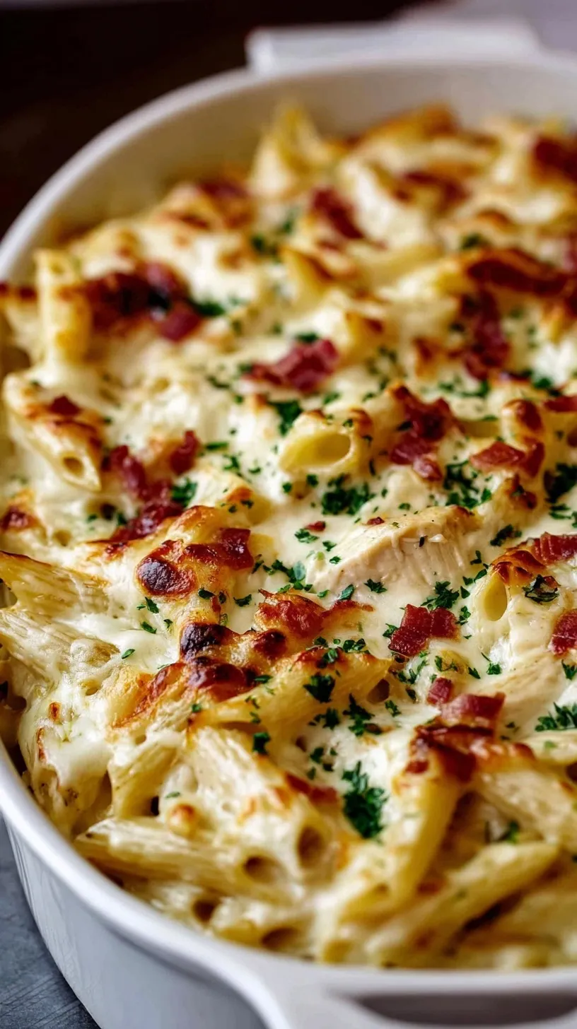 A golden, bubbly dish of Chicken Ranch Baked Penne topped with melted cheese, crispy bacon, and fresh green onions.