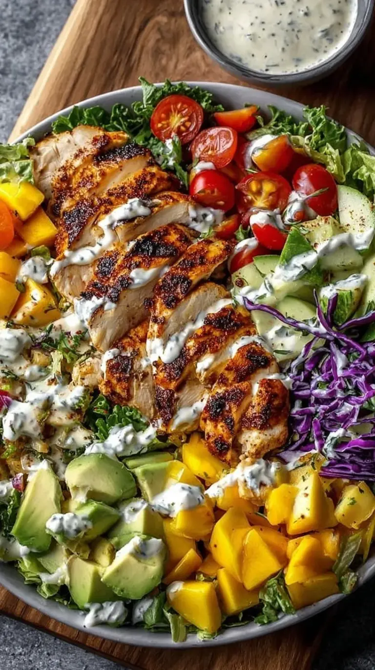 A vibrant Chicken Salad Bowl with sliced grilled chicken, quinoa, avocado, and cherry tomatoes in a ceramic bowl.