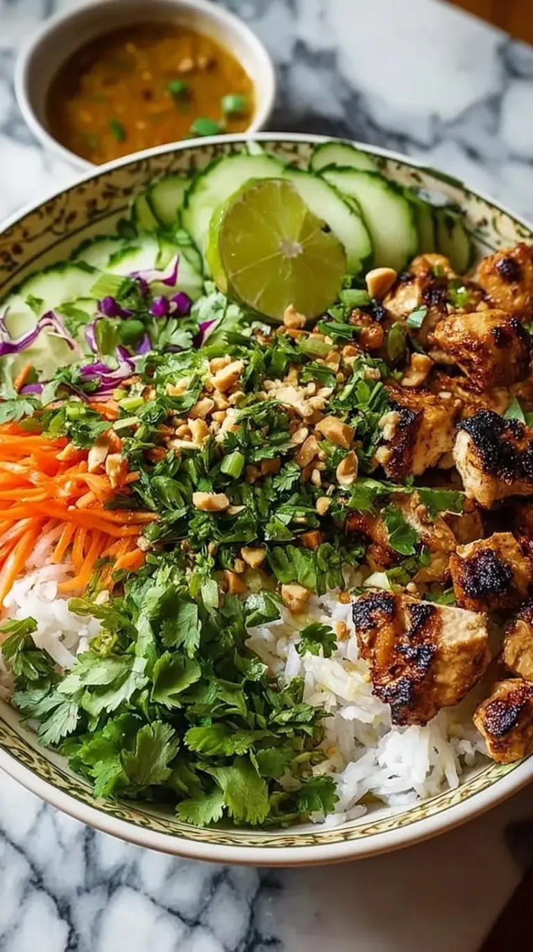 A colorful bowl filled with rice noodles, marinated chicken, purple cabbage, carrots, and peanut sauce.
