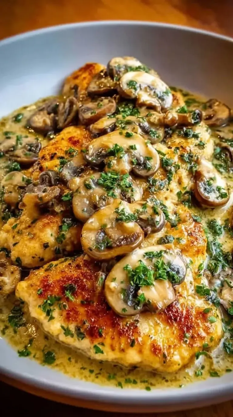 Thinly sliced chicken scallopini in a golden lemon butter sauce with mushrooms and capers in a skillet.