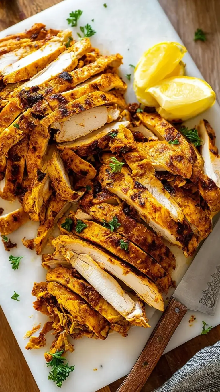 Sliced golden roasted chicken shawarma on a platter with lemon wedges and fresh herbs