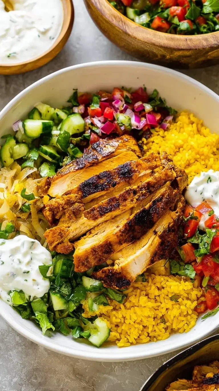 A vibrant Chicken Shawarma Bowl with spiced chicken, basmati rice, cucumbers, tomatoes, and tahini drizzle.