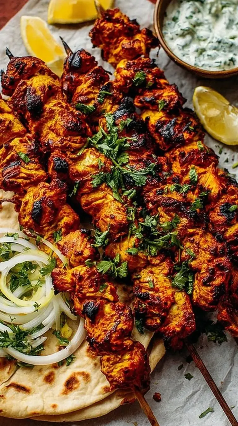 Grilled chicken shawarma skewers with charred edges on a white platter