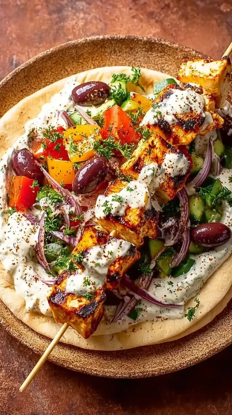 Grilled chicken souvlaki skewers with lemon and fresh herbs on a white platter.