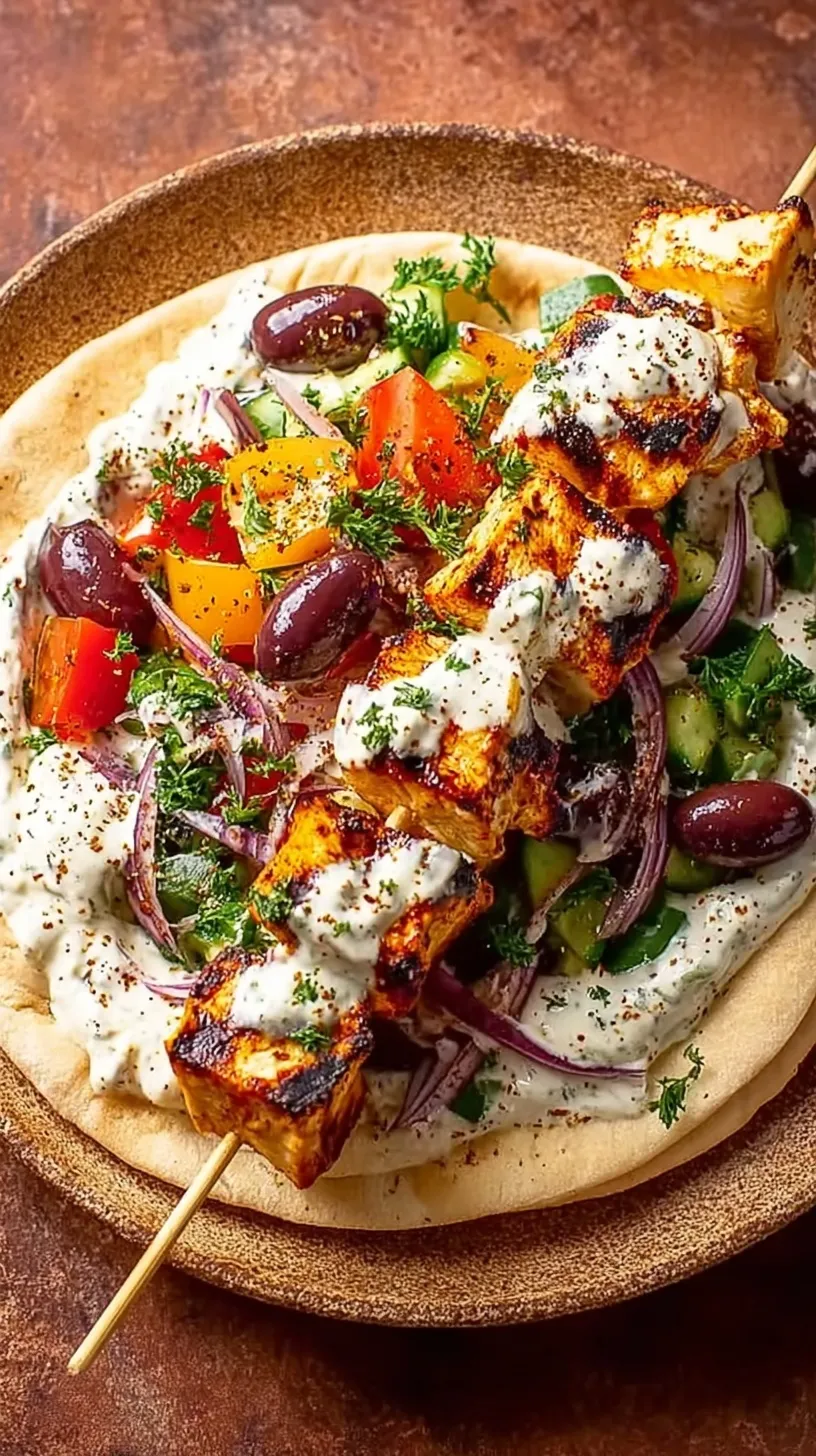 Grilled chicken souvlaki skewers with lemon and fresh herbs on a white platter.