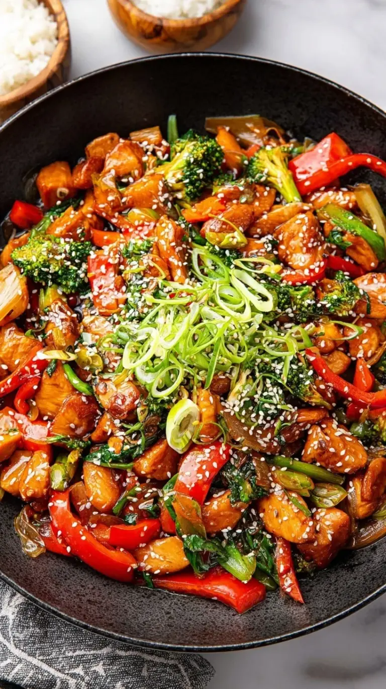 A vibrant chicken stir fry with broccoli, carrots, and red peppers in a savory sauce.