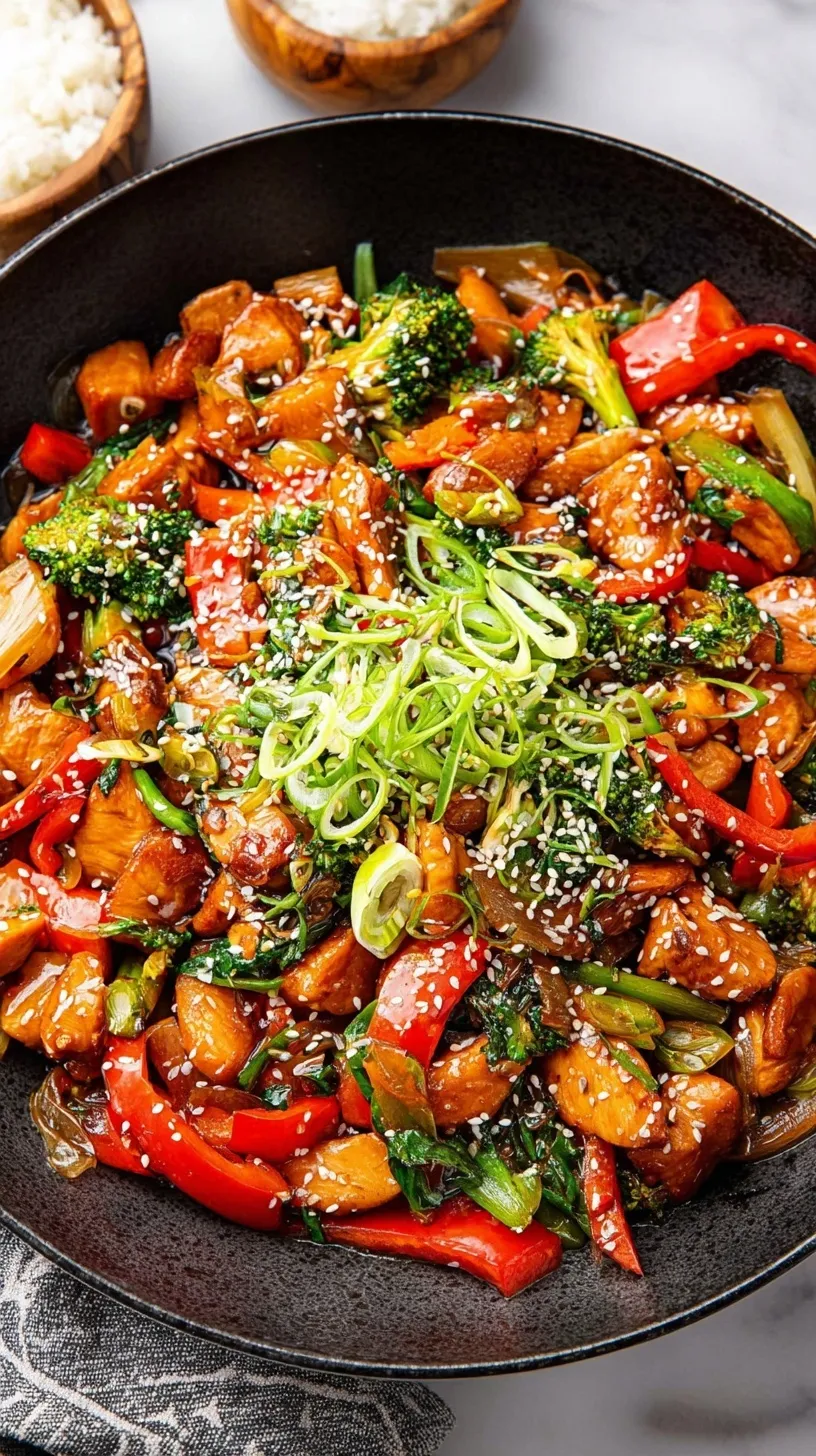A vibrant chicken stir fry with broccoli, carrots, and red peppers in a savory sauce.