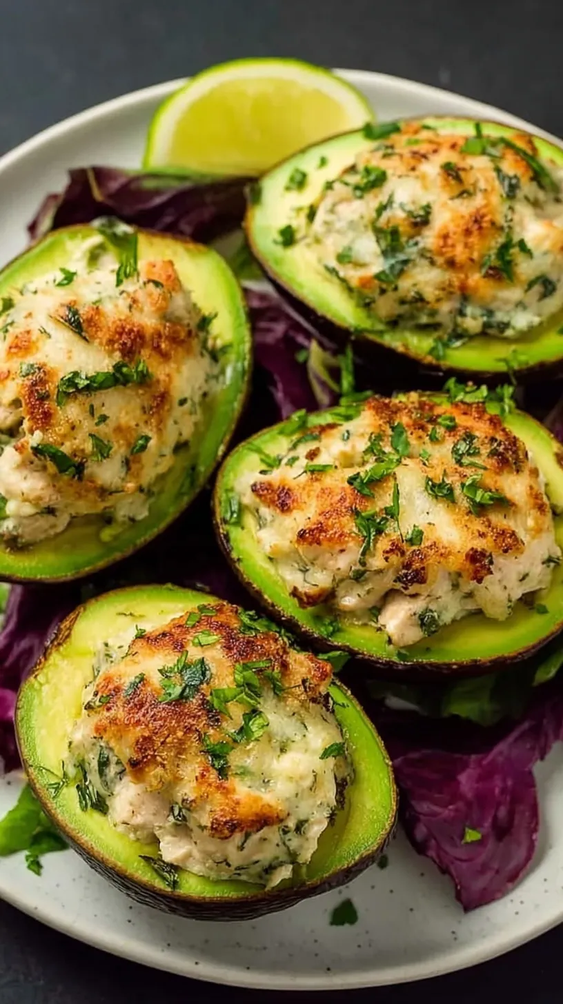 Two baked stuffed avocados topped with melted cheese and fresh cilantro in a white baking dish.