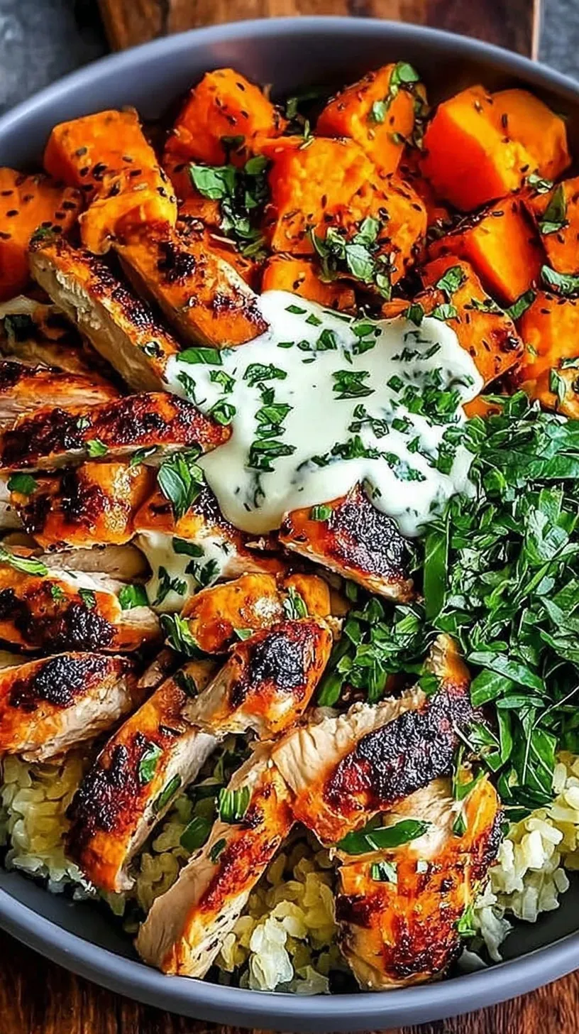 A vibrant meal prep bowl with roasted chicken, sweet potatoes, broccoli, and creamy tahini dressing over quinoa.