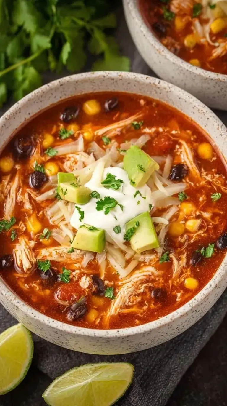 A steaming bowl of chicken taco soup topped with fresh avocado and cheese
