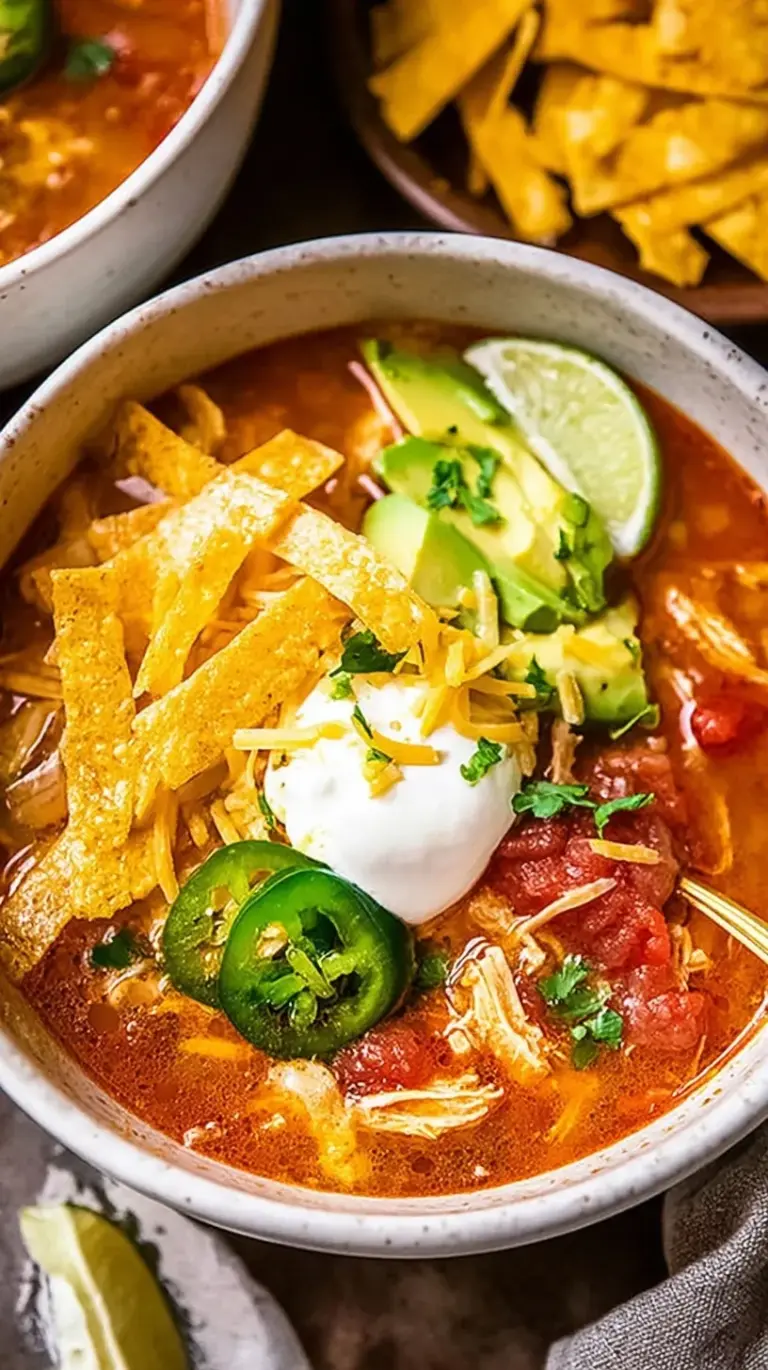 A bowl of steaming chicken tortilla soup topped with avocado, cheese, and crispy tortilla strips