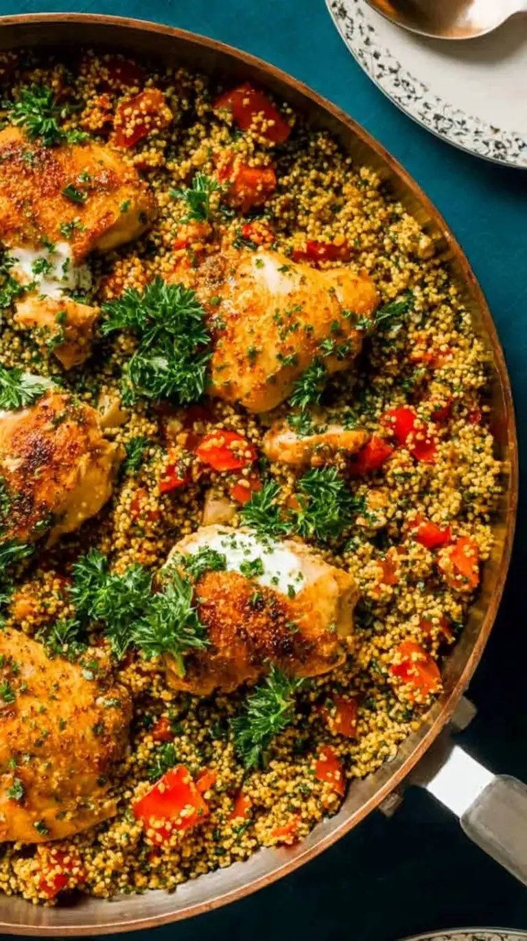 A cast iron skillet filled with golden seared chicken thighs nestled in fluffy spiced bulgur wheat and fresh parsley.