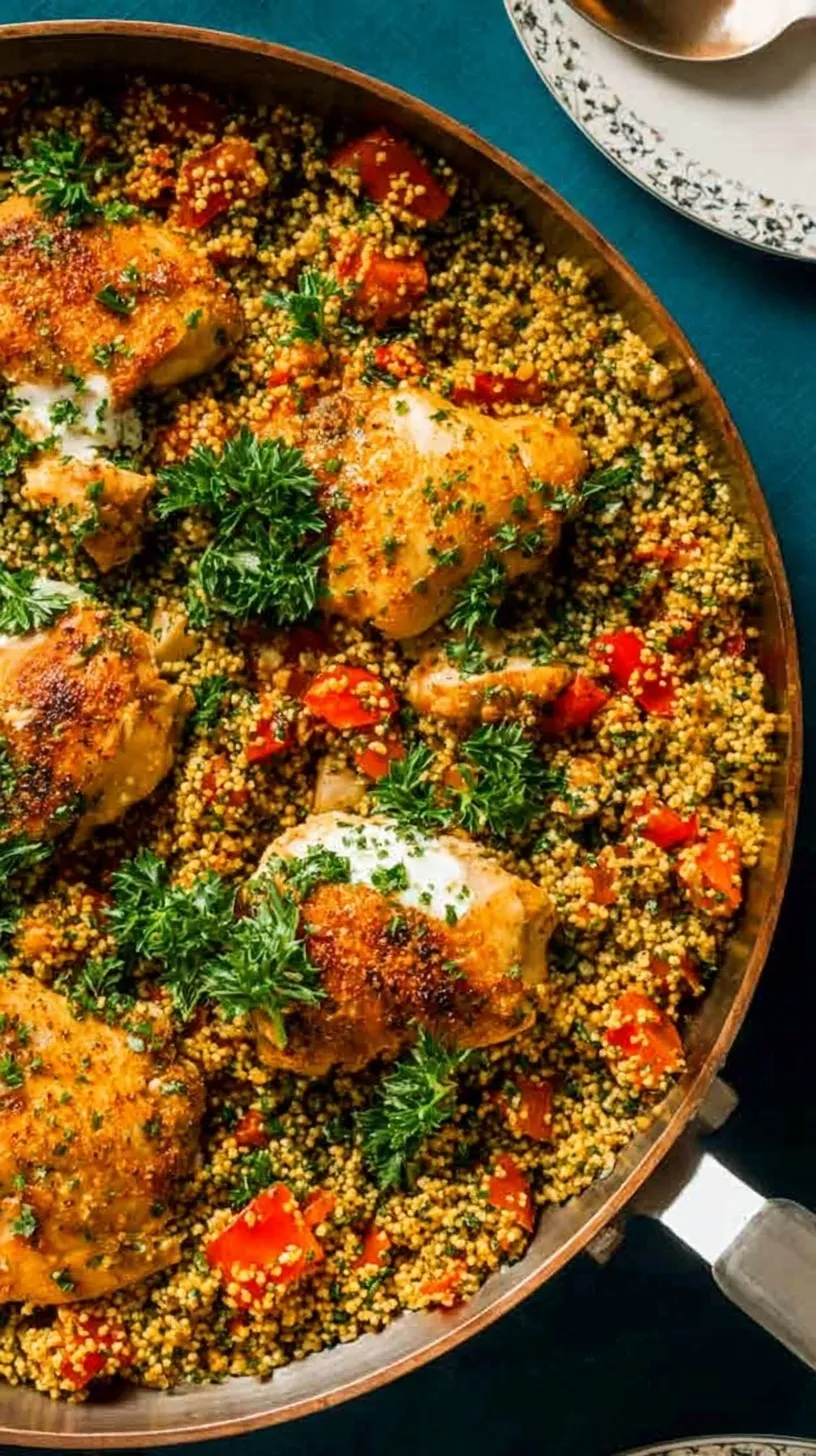A cast iron skillet filled with golden seared chicken thighs nestled in fluffy spiced bulgur wheat and fresh parsley.
