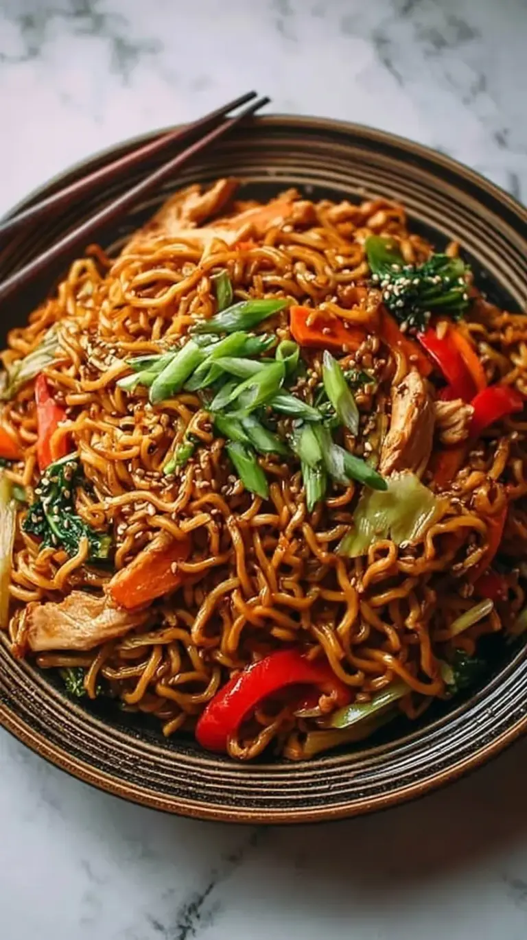 A steaming bowl of chicken yakisoba with colorful vegetables and pickled ginger garnish.