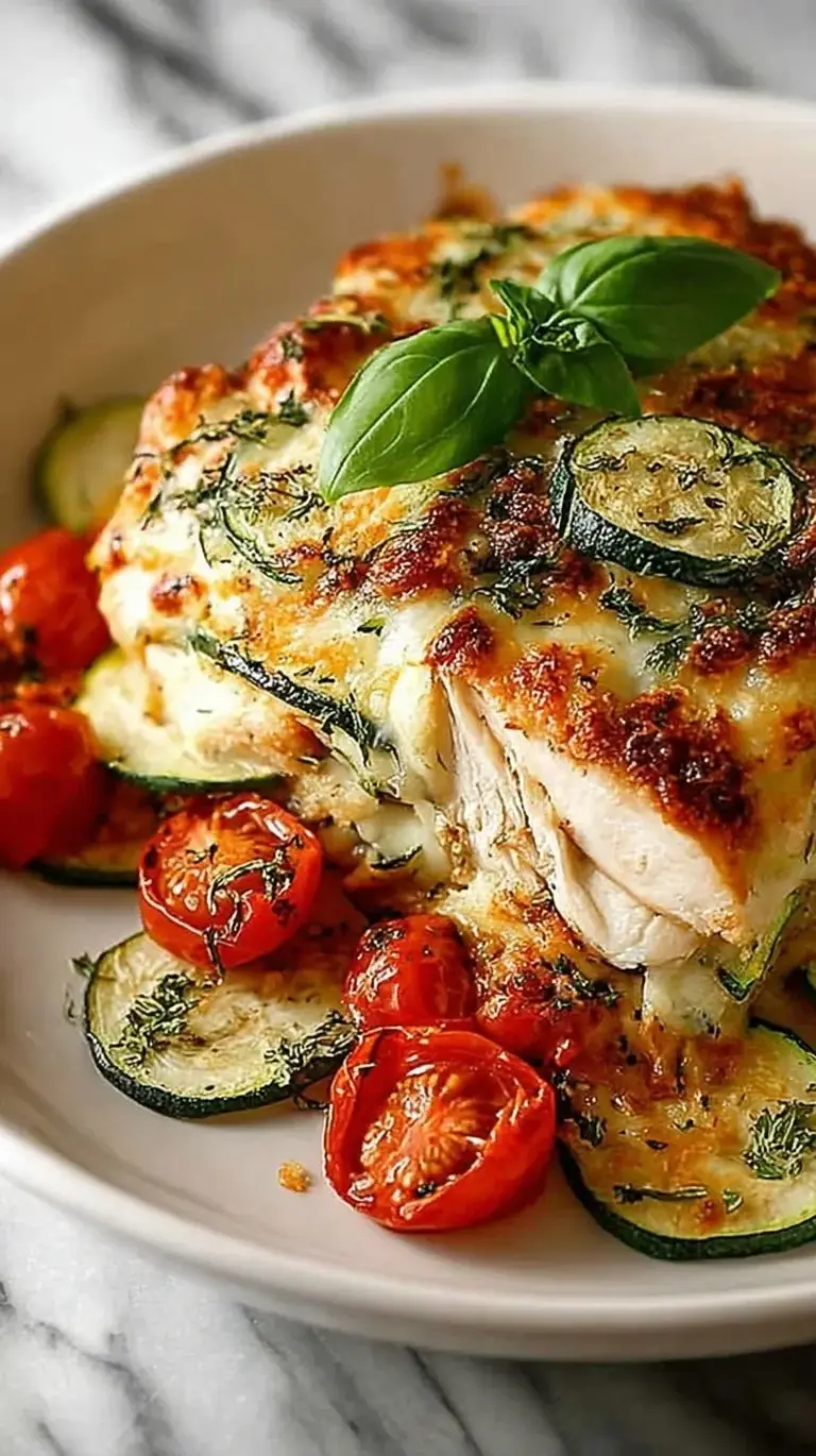 A golden, cheesy chicken zucchini bake in a glass dish with melted mozzarella and red marinara sauce.