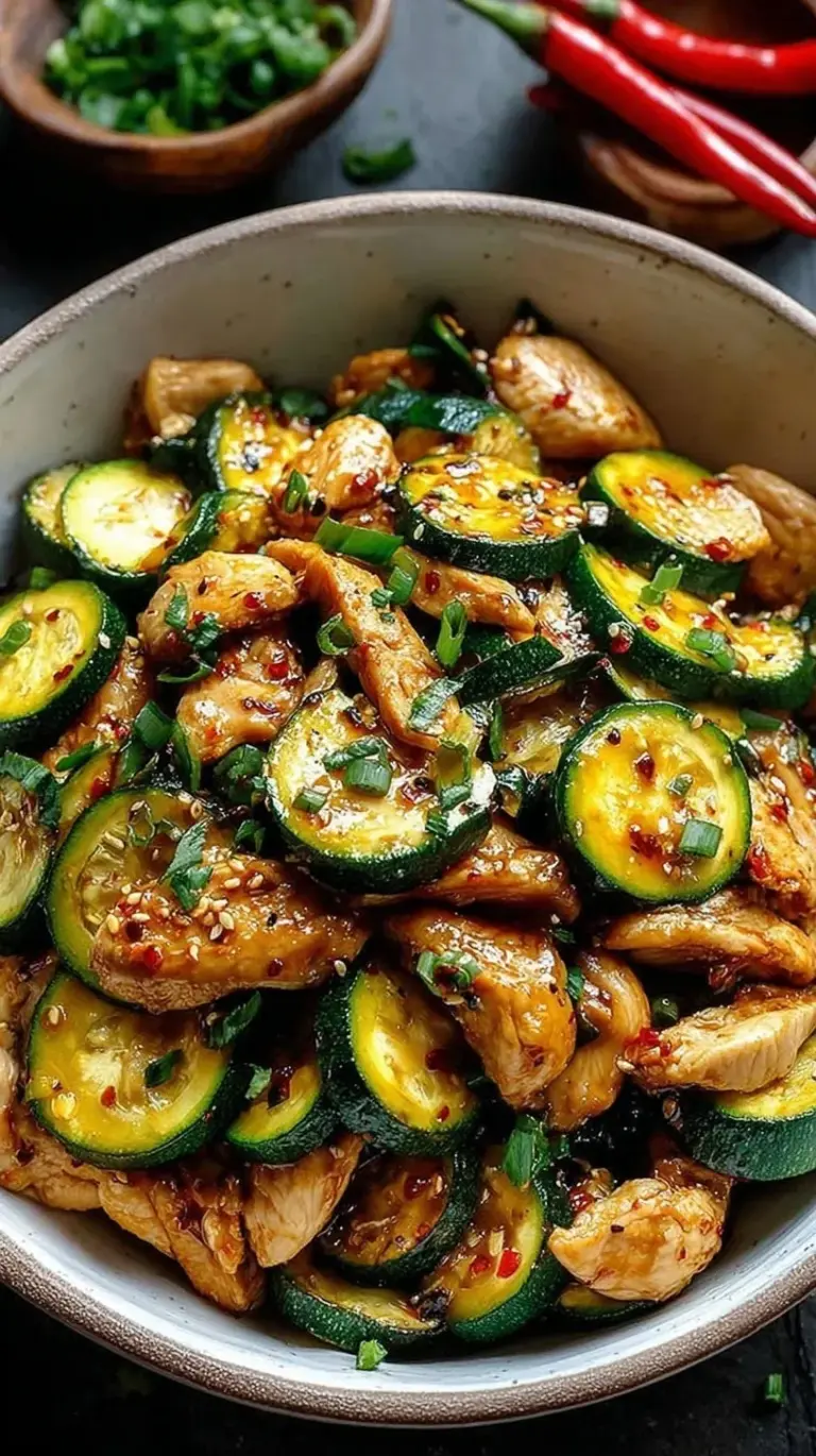 A vibrant chicken zucchini stir fry in a large skillet with a glossy soy-ginger sauce.