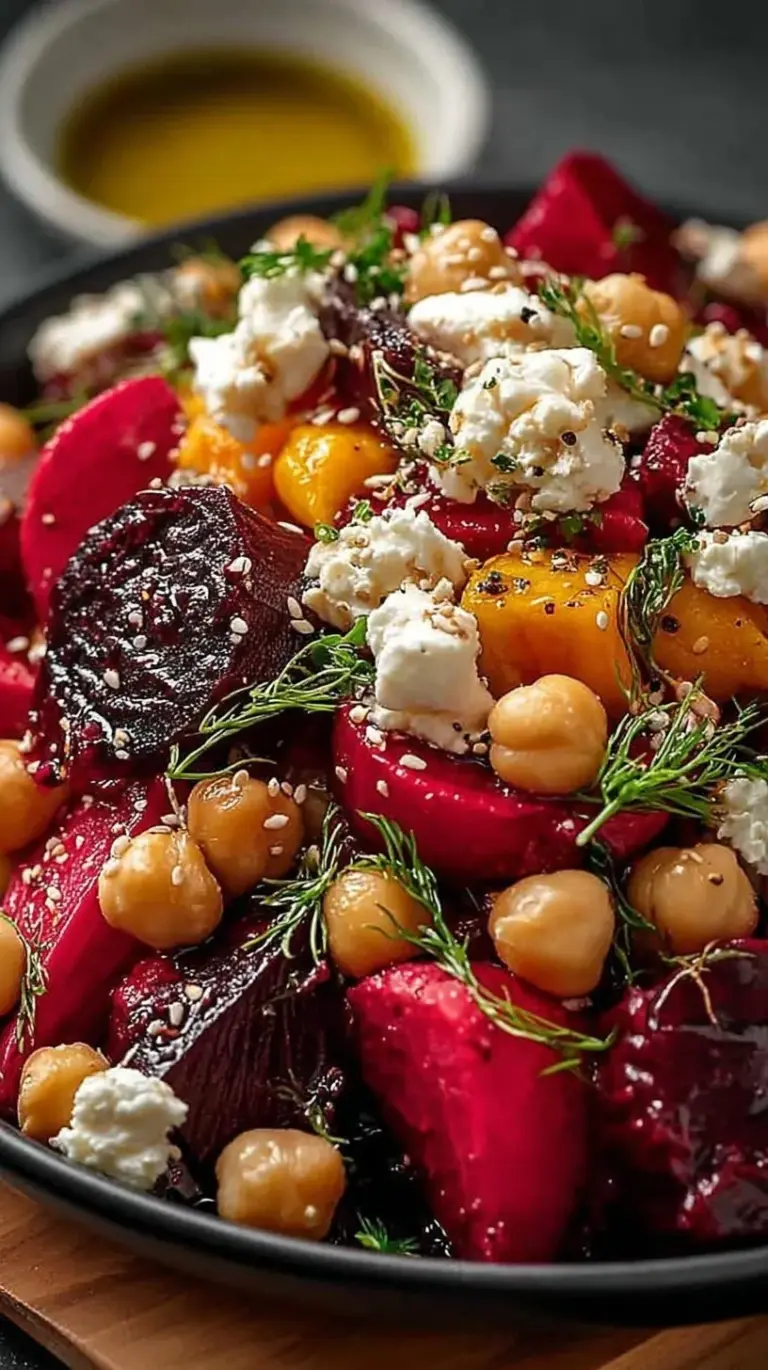 A vibrant bowl of chickpea beet feta salad with fresh parsley and lemon vinaigrette