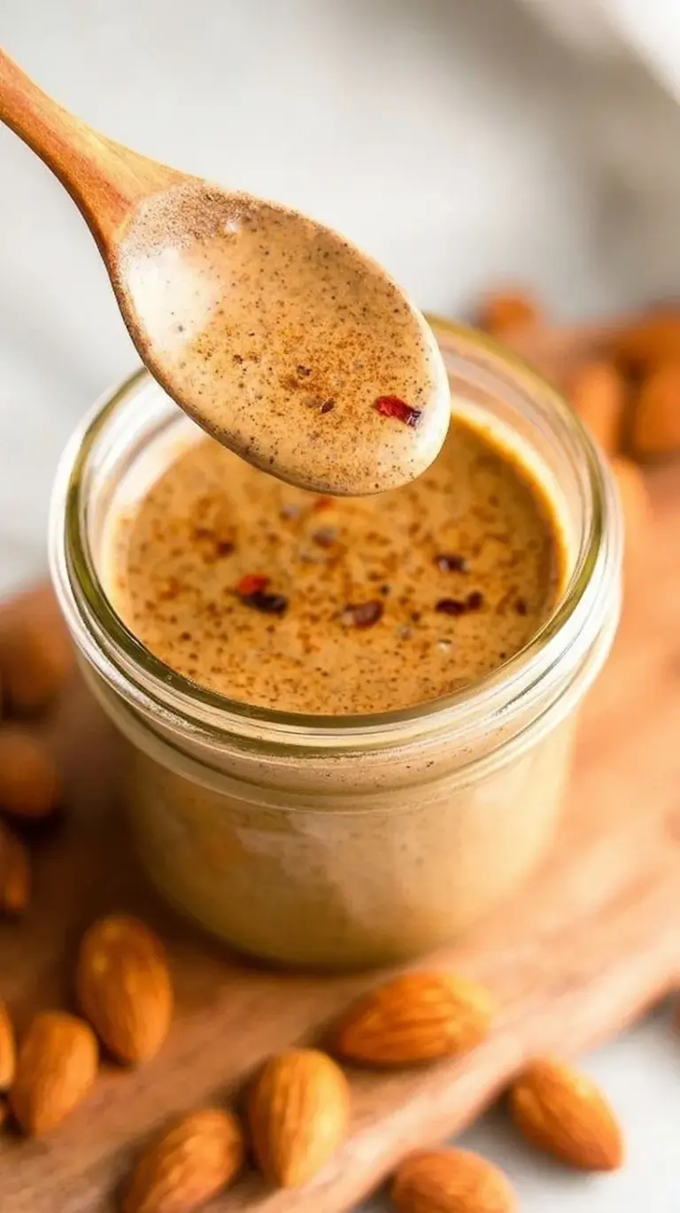 A glass jar filled with creamy chili almond dressing next to fresh ginger and garlic.