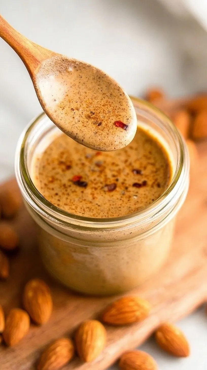 A glass jar filled with creamy chili almond dressing next to fresh ginger and garlic.