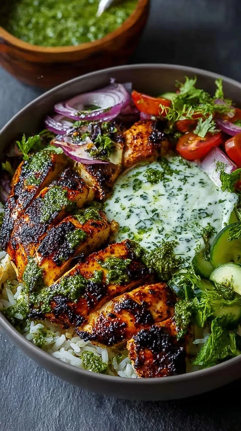 A colorful grilled chicken bowl with green chimichurri, white rice, tomatoes, and creamy garlic sauce.