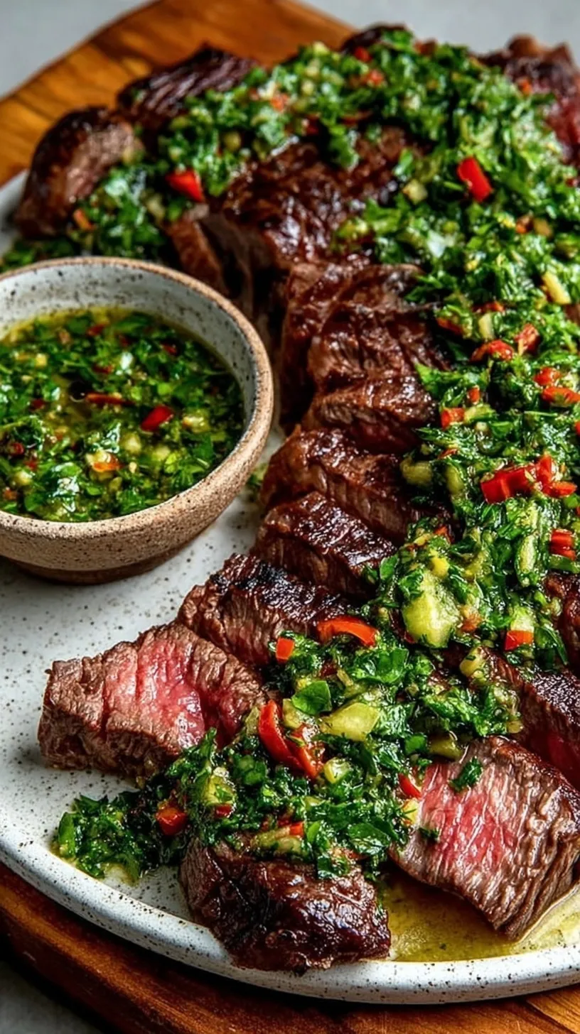 Slices of grilled flank steak topped with vibrant green chimichurri sauce on a platter