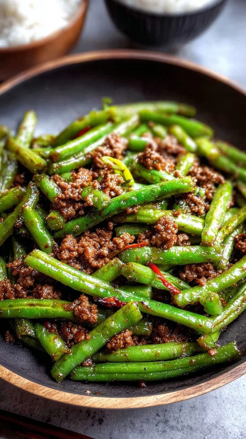 Blistered green beans and browned ground beef in a glossy soy sauce glaze