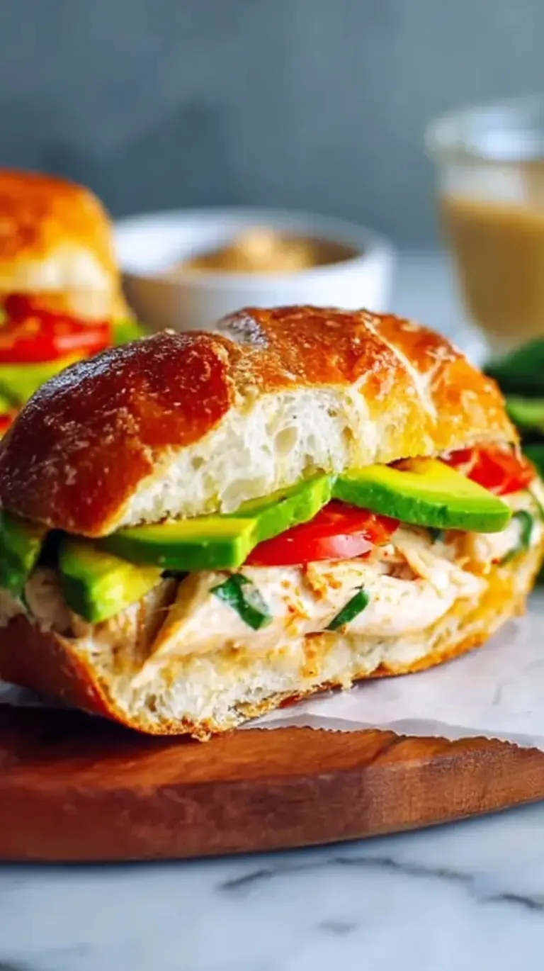 A toasted chipotle chicken avocado melt on black pepper focaccia with melted white cheddar.