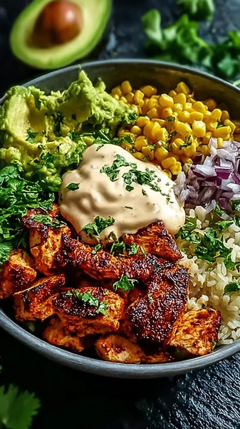 A vibrant chipotle chicken bowl with cilantro lime rice, black beans, corn, and fresh avocado slices.