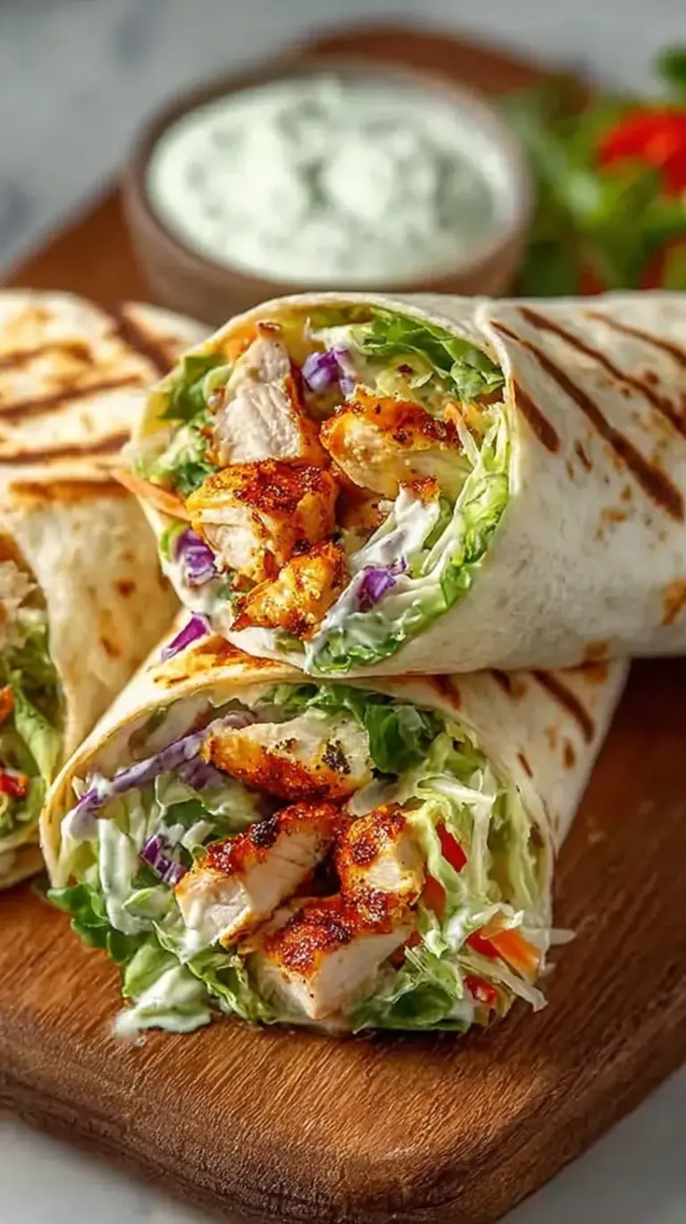 Fresh chipotle chicken wraps sliced diagonally with lime cream and crisp vegetables