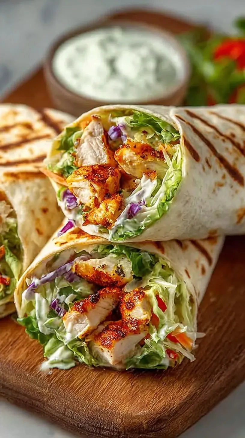 Fresh chipotle chicken wraps sliced diagonally with lime cream and crisp vegetables