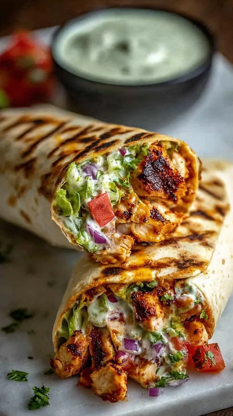 A golden-brown grilled chicken burrito sliced in half, showing rice, beans, and creamy sauce.