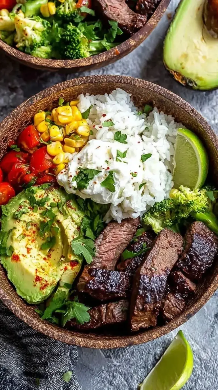 A vibrant glass bowl filled with sliced chipotle steak, black beans, corn salsa, and cilantro-lime rice.