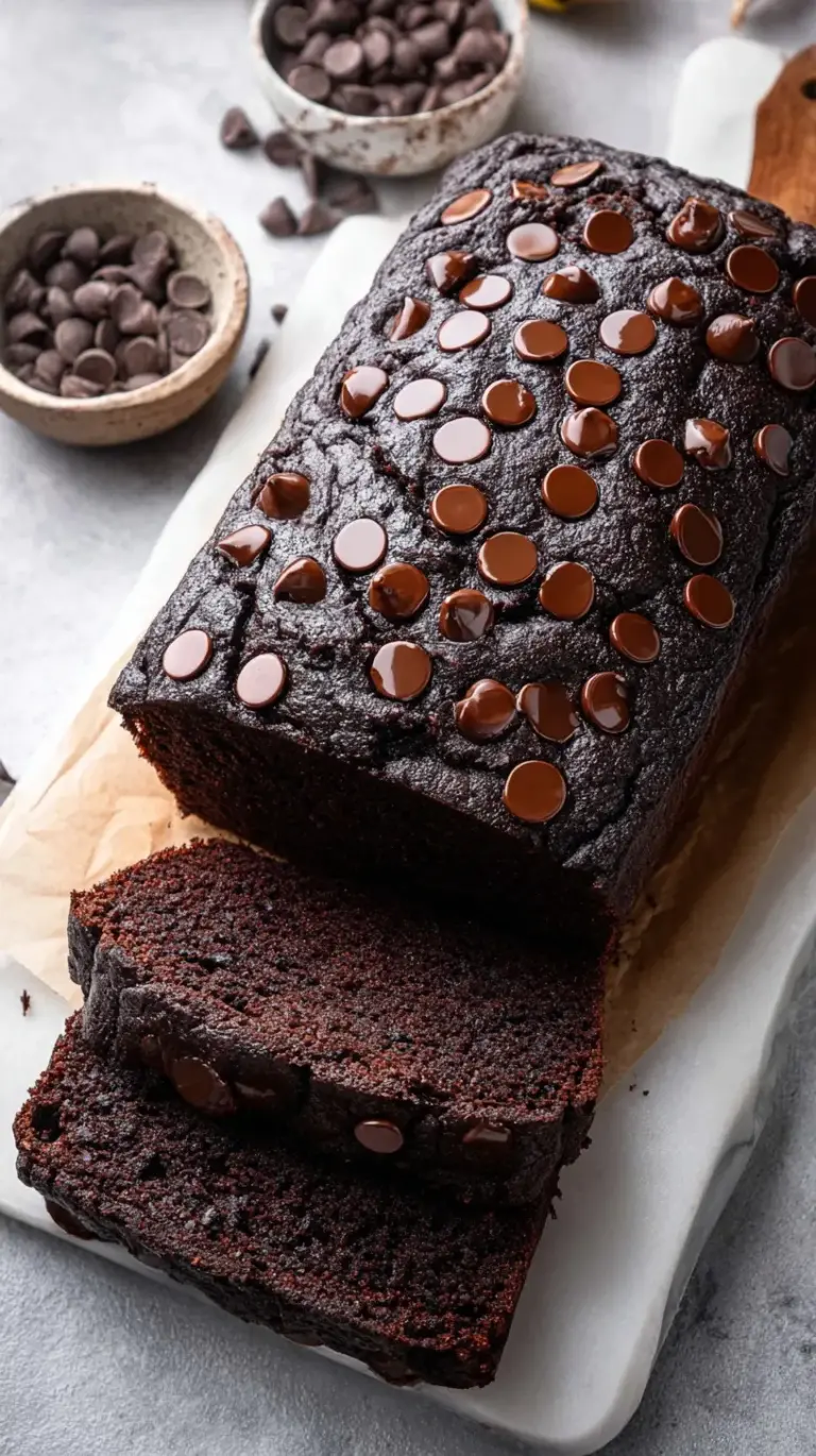 A thick slice of dark chocolate banana bread with melted chocolate chips on a wooden board.