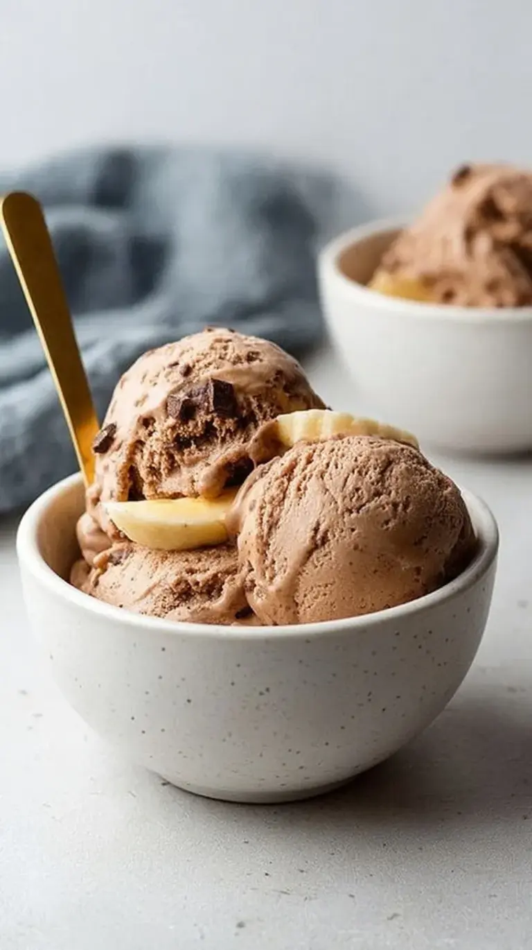 A bowl of smooth, dark chocolate banana ice cream topped with a fresh mint leaf.