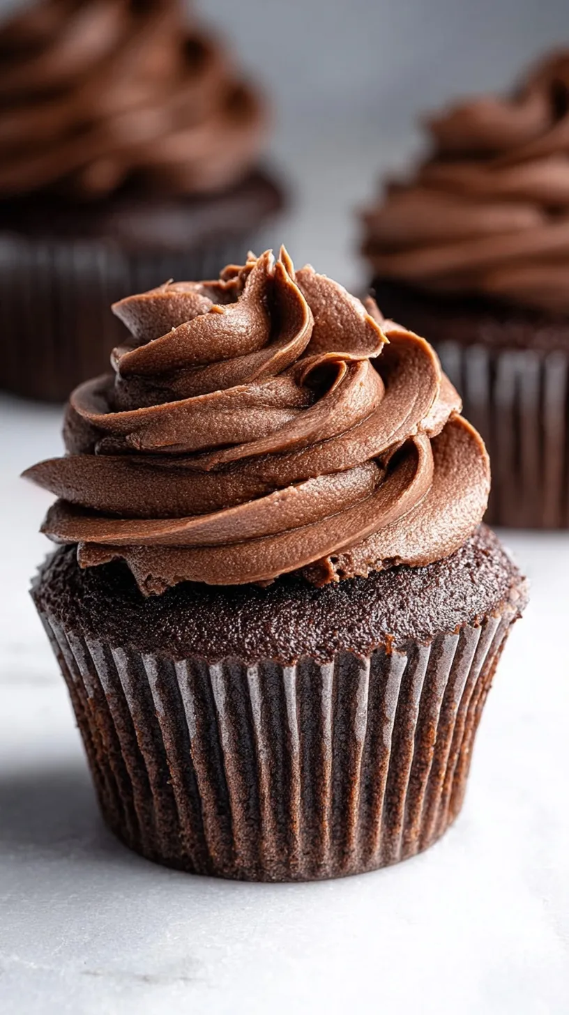 A bowl of smooth, dark chocolate buttercream frosting with a swirl on top.
