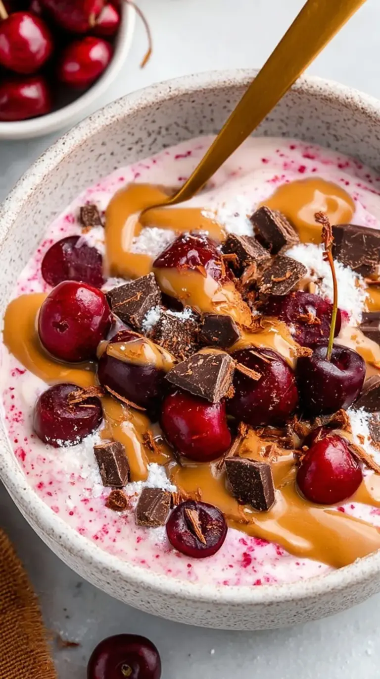 A white bowl filled with chocolate Greek yogurt topped with fresh halved cherries and graham cracker crumbs.