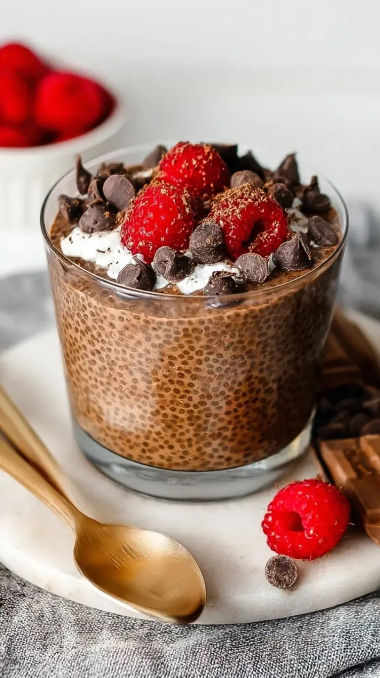 A glass jar filled with creamy chocolate chia pudding topped with fresh raspberries and a sprig of mint.