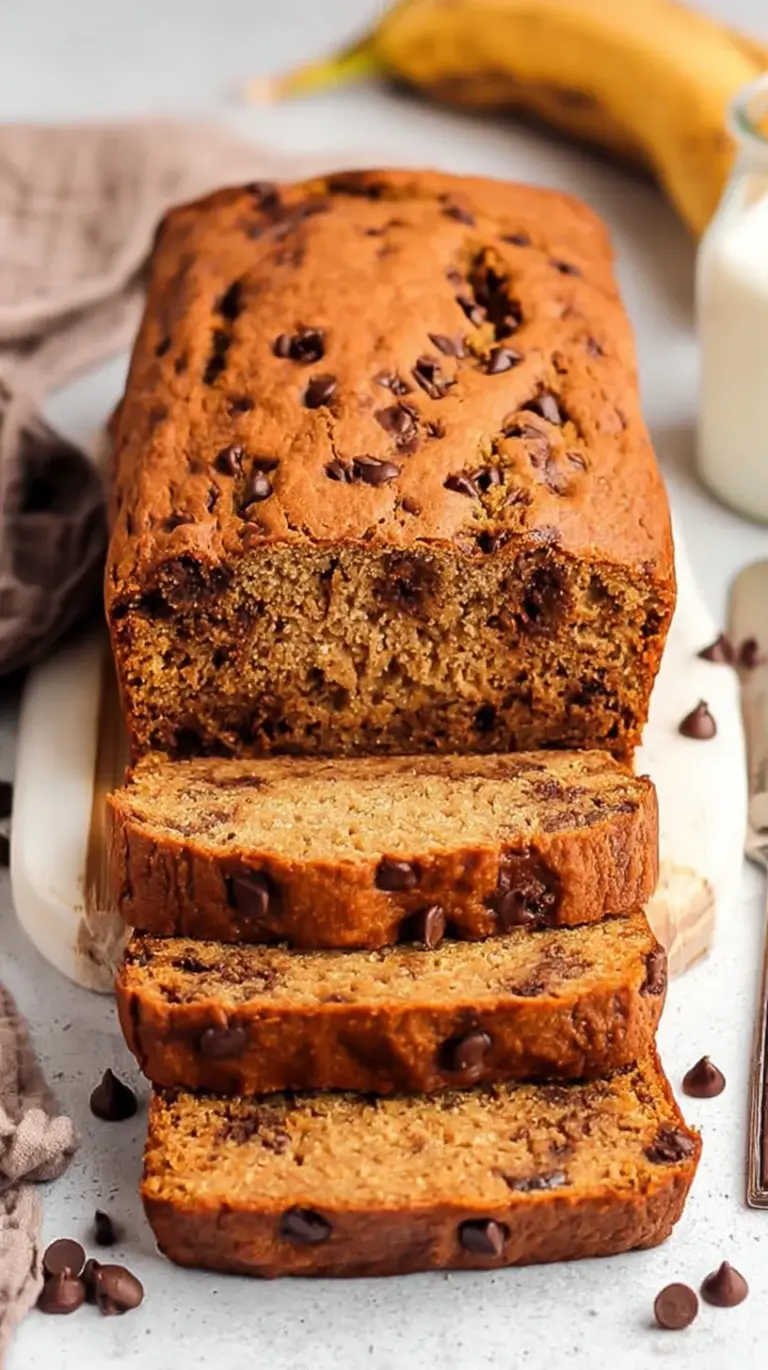 A thick slice of golden coconut flour banana bread with melted dark chocolate chips