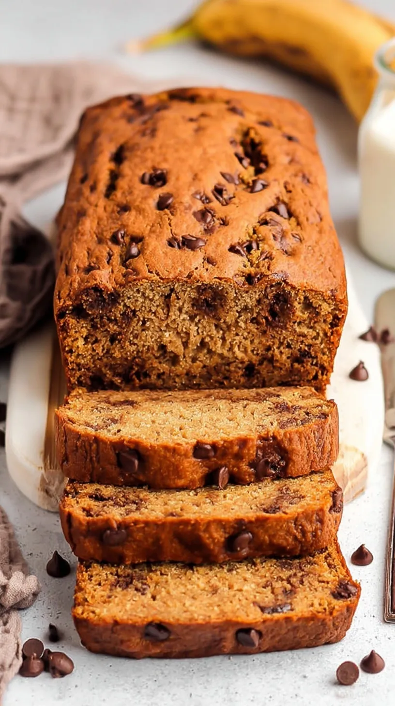 A thick slice of golden coconut flour banana bread with melted dark chocolate chips