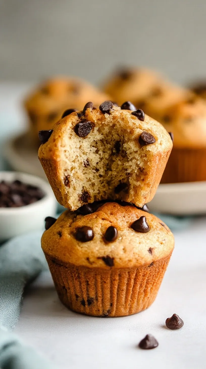 A stack of golden brown chocolate chip yogurt muffins with melty chocolate chips on a wire rack.