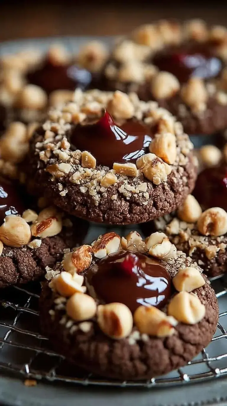 A tray of golden thumbprint cookies coated in crushed hazelnuts and filled with creamy chocolate spread.