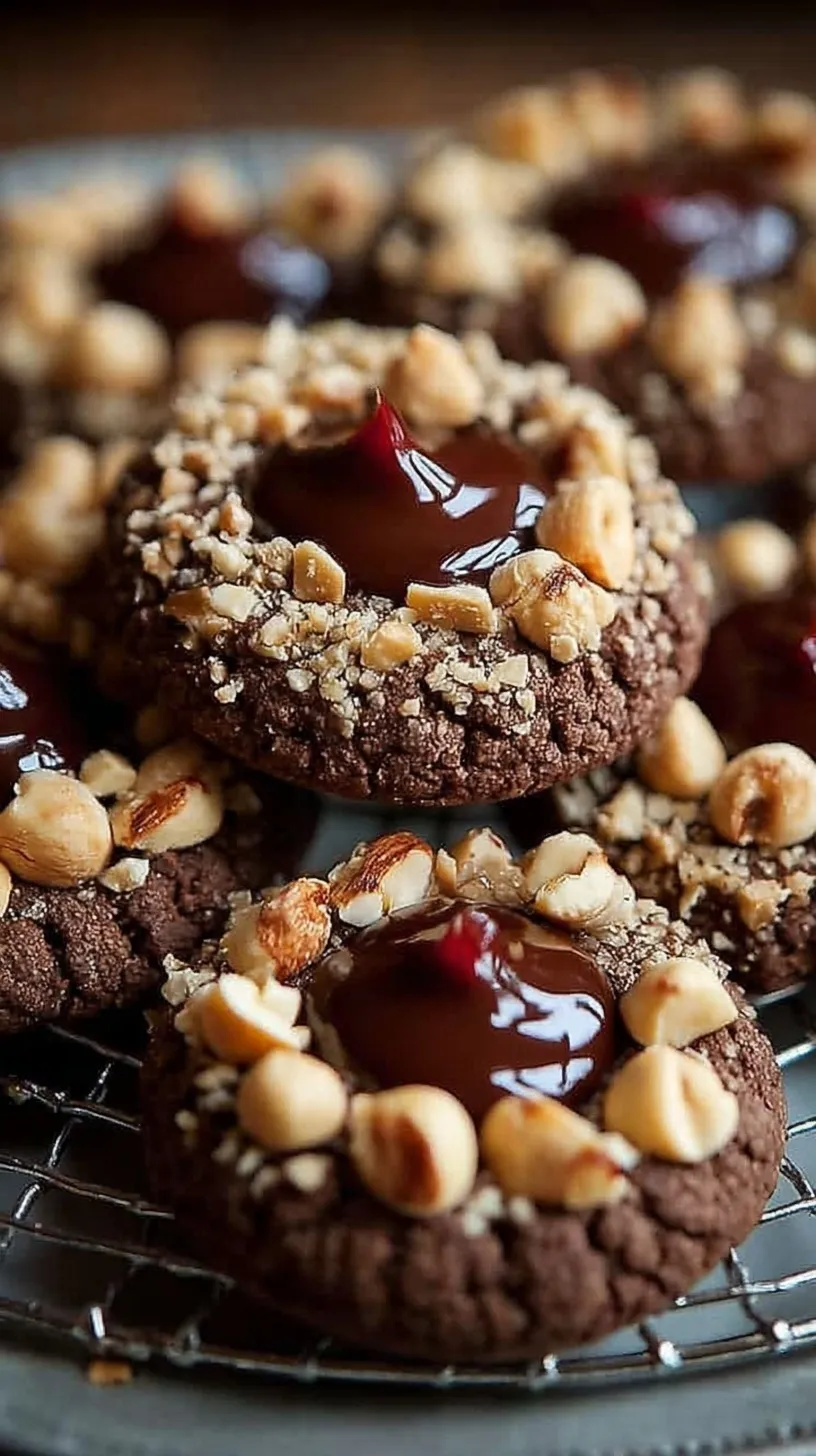 A tray of golden thumbprint cookies coated in crushed hazelnuts and filled with creamy chocolate spread.